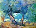 Olivenbaum am Pool. Öl. 70 x 90