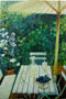 Gartentisch mit Schirm. Öl. 100 x 70